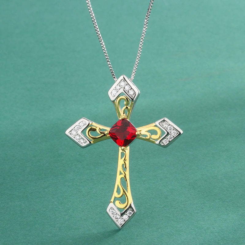 Red Retro Cross Pendant Cushion Cut Diamond Luxury 18k Gold Plated Necklace Jewelry | Mix Mix Style-Mix MIx Style
