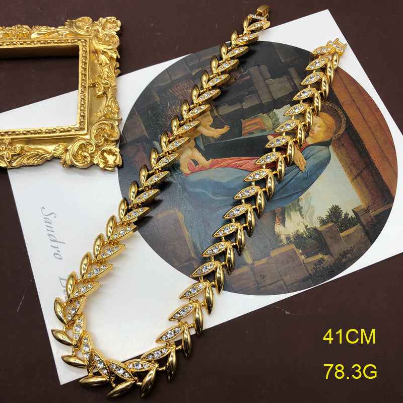 Leafs Retro Diamonds Luxury 18k Vermeil Gold Plated Necklace Bracelet Jewelry Set | Mix Mix Style-Mix MIx Style