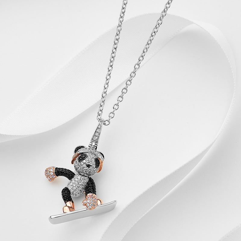 Autumn and winter new skateboard 3ct bear necklace gold-plated 3D three-dimensional ski bear pendant for men and women, trendy red panda necklace-Mix MIx Style
