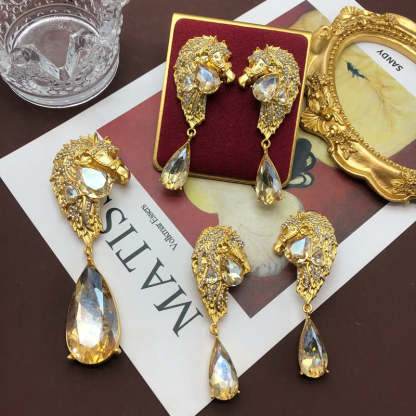 Irregular Retro Pendant White Pear Cut Diamond Luxury 18k Vermeil Gold Plated Earring Brooch Jewelry Set | Mix Mix Style-Mix MIx Style