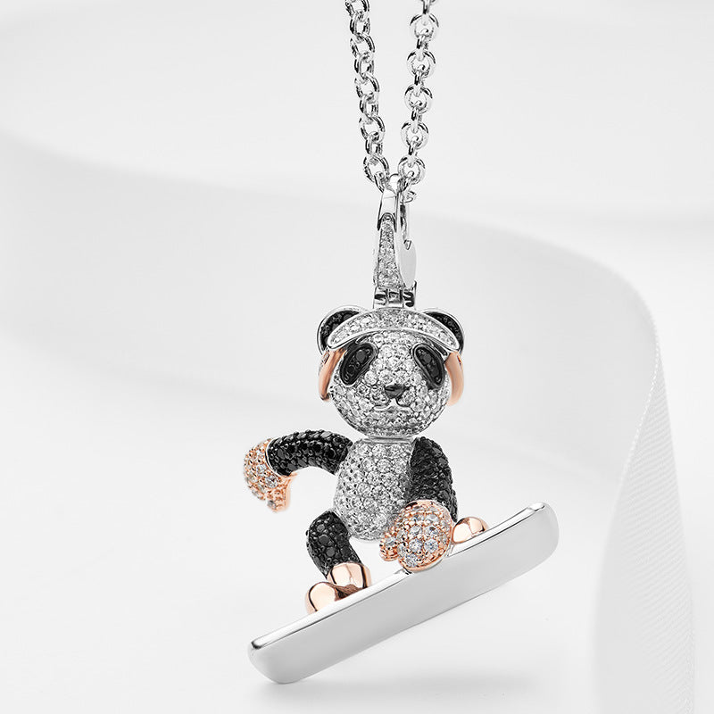 Autumn and winter new skateboard 3ct bear necklace gold-plated 3D three-dimensional ski bear pendant for men and women, trendy red panda necklace-Mix MIx Style