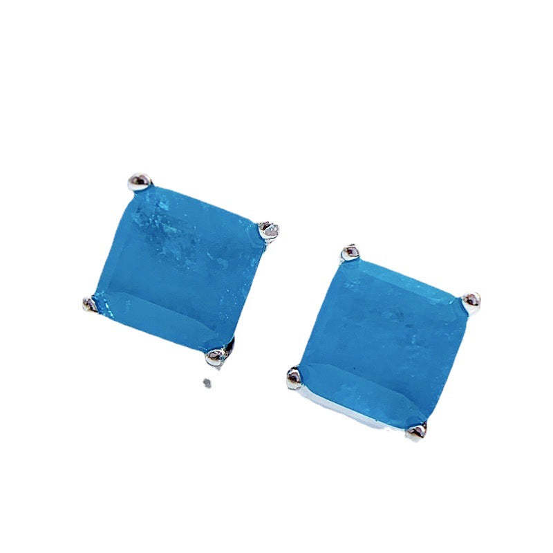 Dainty Green - Blue Claw Timeless Princess Cut Moissanite Diamonds Elegant 18k White Gold Plated Stud Earrings | Mix Mix Style-Mix MIx Style