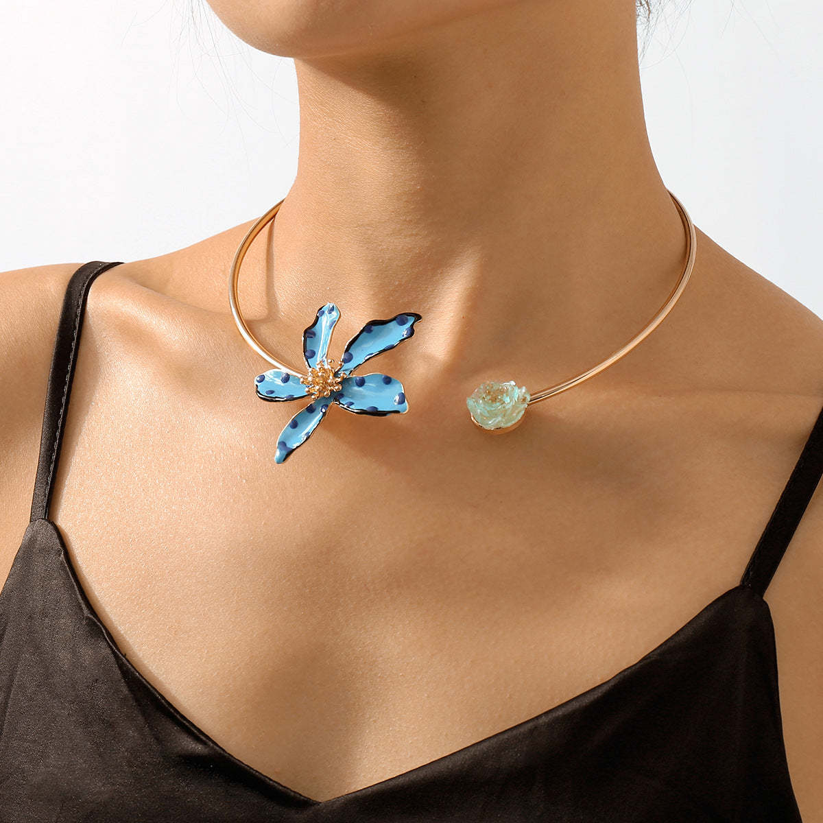 Blue Flower Solid Vintage Retro Luxury 18k Vermeil Gold Plated Open Necklace Jewelry | Mix Mix Style-Mix MIx Style