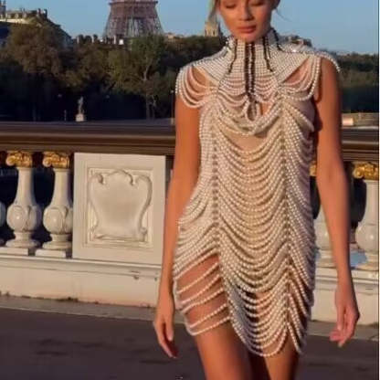White Luxury Draped Sleeve pearl body chain adjustable cover Party Festival Mini dress | Mix Mix Style