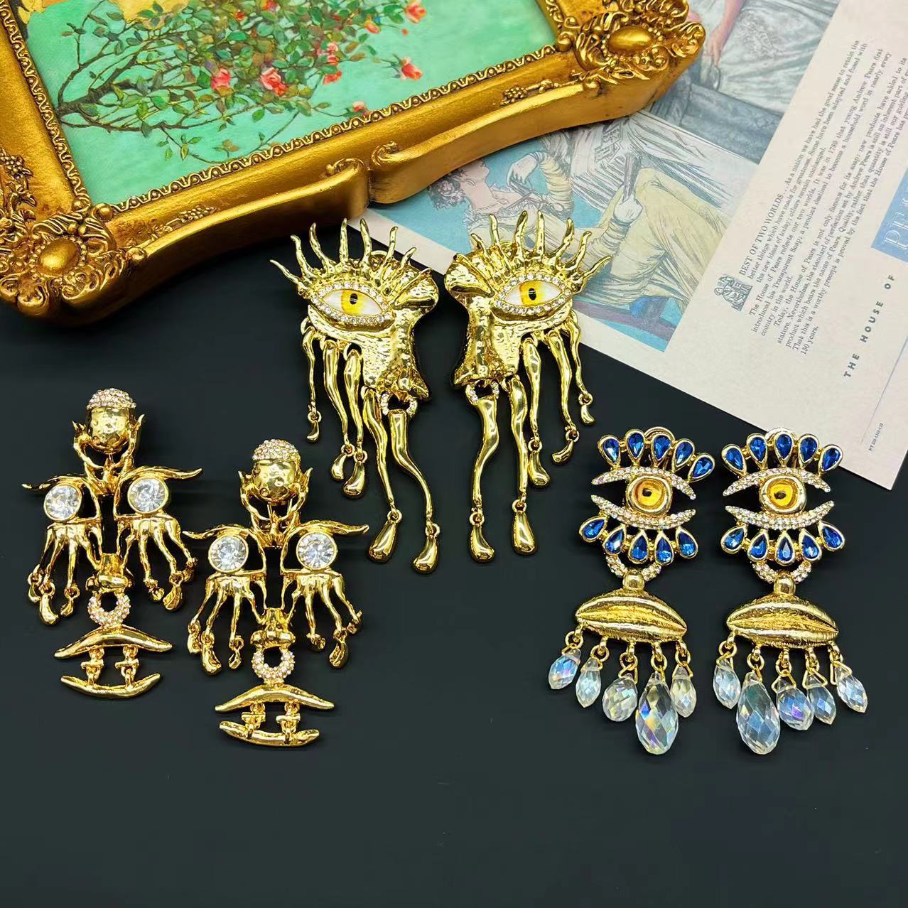 Embellished Devil's Eye Tassel Moissanite Diamonds 18k Vermeil Gold Plated Vintage Drop Earrings | Mix Mix Style-Mix MIx Style