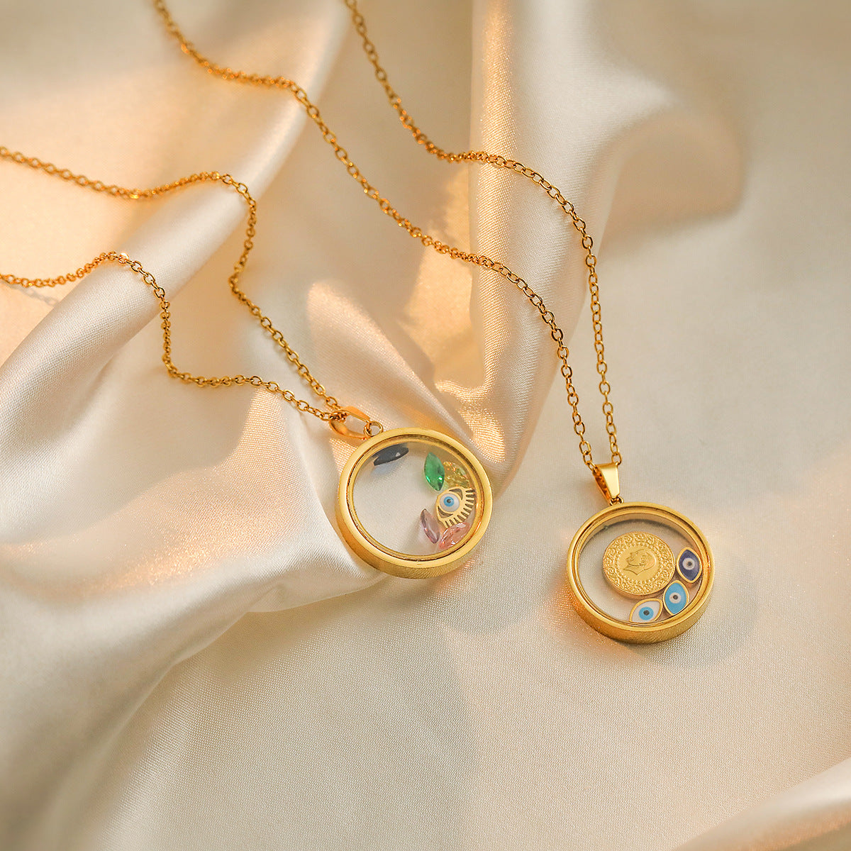 Retro Round Transparent Pendant Luxury Devils Eyes 18k Vermeil Gold Plated Necklace Jewelry | Mix Mix Style-Mix MIx Style