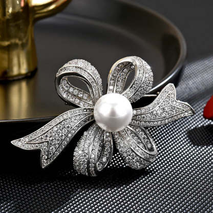 New high-end luxury elegant exquisitely inlaid diamond pearl ribbon brooch high-end design fashion accessories-Mix MIx Style