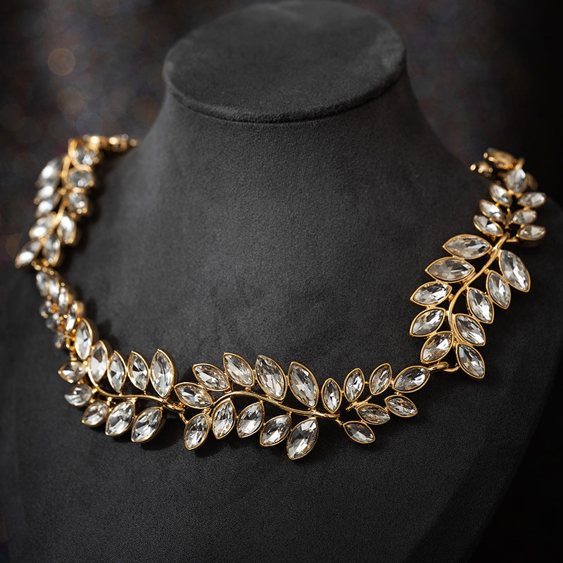 Retro Classic Green Leafs Marquise Diamonda Luxury 18k Gold Plated Necklace Earring Jewelry Set | Mix Mix Style-Mix MIx Style