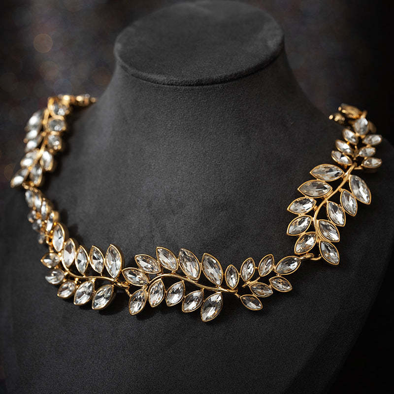 Retro Classic Green Leafs Marquise Diamonda Luxury 18k Gold Plated Necklace Earring Jewelry Set | Mix Mix Style-Mix MIx Style