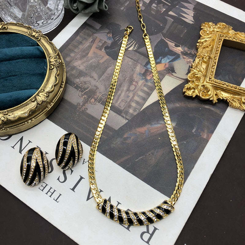 Black Stripes Vintage Elegant Pendant Diamonds Luxury 18k Gold Plated Necklace Earrings Jewelry Set | Mix Mix Style-Mix MIx Style