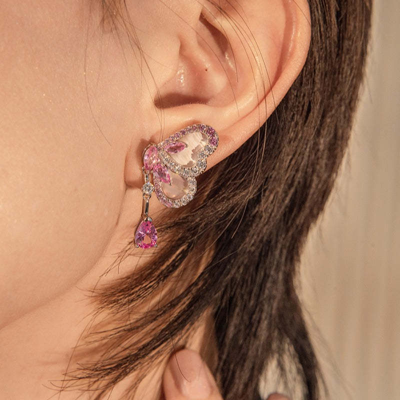 White & Red Trendy Butterfly Pear Cut Moissanite Diamonds Luxury 18k White Gold Plated Drop Earrings | Mix Mix Style-Mix MIx Style