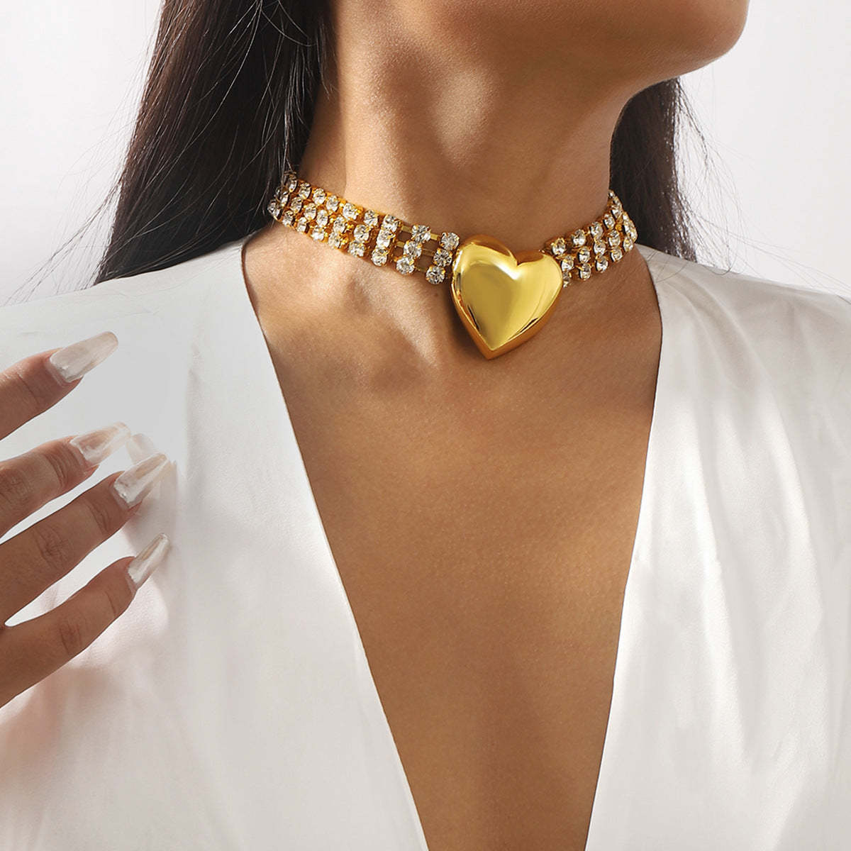 Solid Heart Vintage Pendant Round Cuts Diamond Luxury 18k Gold Plated Choker Necklace Jewelry | Mix Mix Style-Mix MIx Style