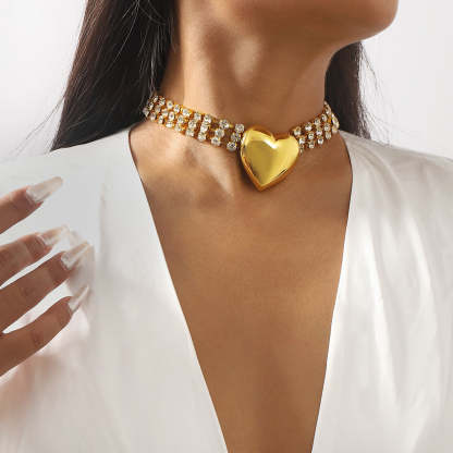 Solid Heart Vintage Pendant Round Cuts Diamond Luxury 18k Gold Plated Choker Necklace Jewelry | Mix Mix Style-Mix MIx Style