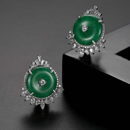 Green Circle Classic Moissanite Diamonds Elegant 18k White Gold Plated Vintage Retro Stud Earrings | Mix Mix Style-Mix MIx Style