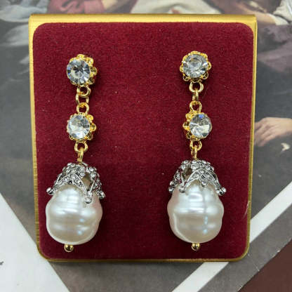 White Elegant Akoya Pearl & Moissanite Diamonds 18k Vermeil Gold Plated Drop Earrings | Mix Mix Style-Mix MIx Style