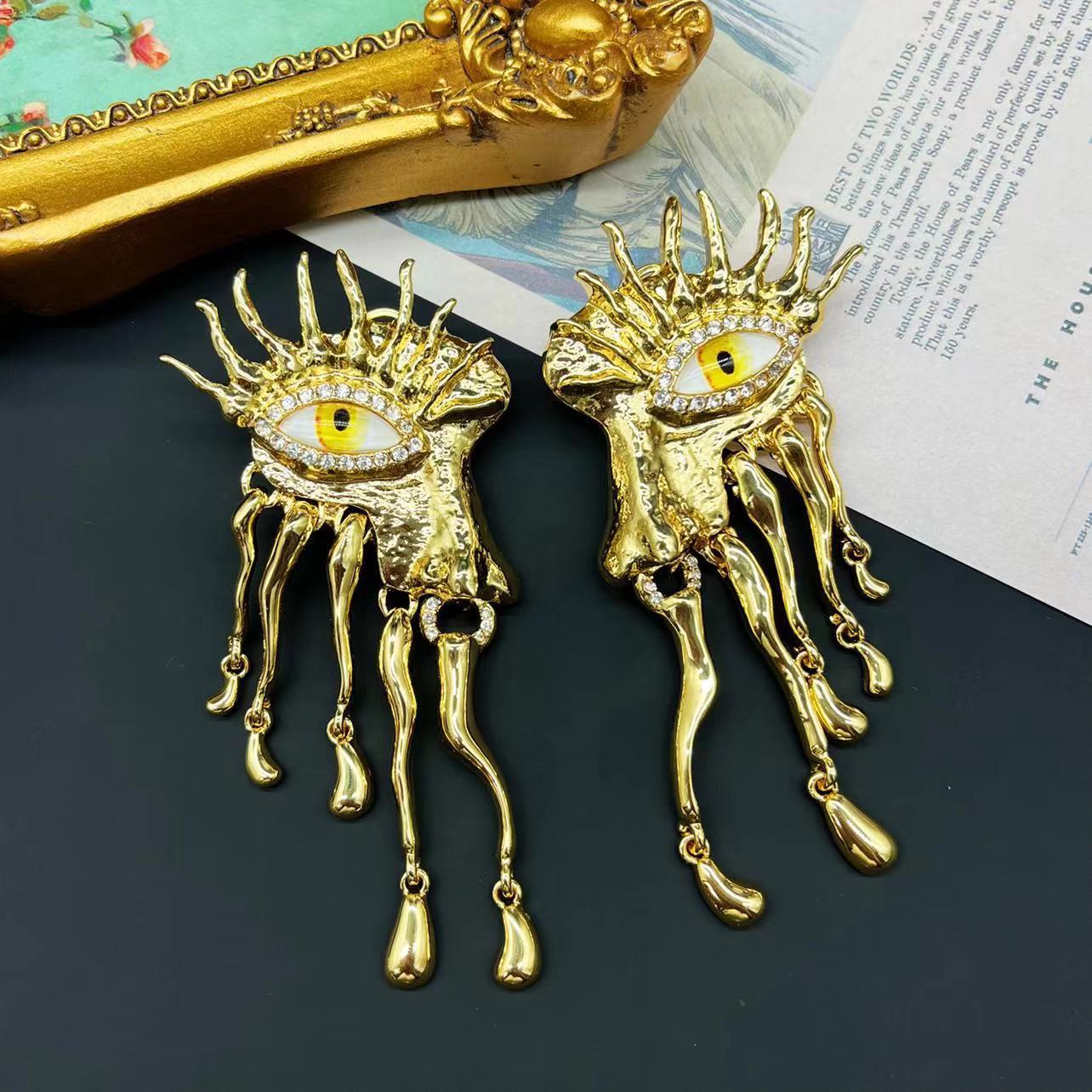 Embellished Devil's Eye Tassel Moissanite Diamonds 18k Vermeil Gold Plated Vintage Drop Earrings | Mix Mix Style-Mix MIx Style