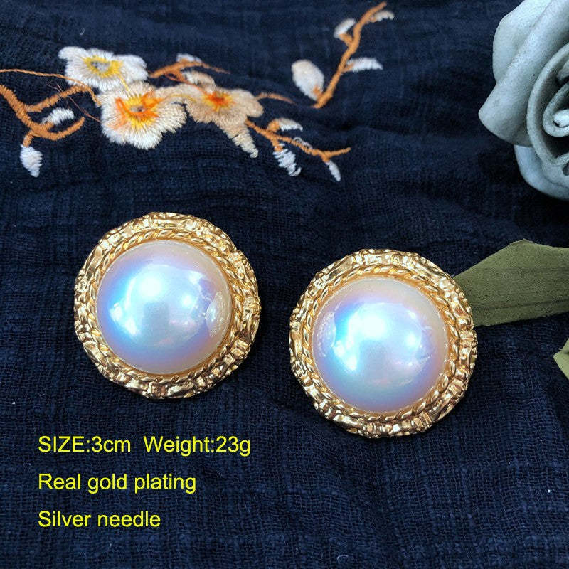 Retro Circle Half-ball Timeless Akoya Pearl Elegant 18k Vermeil Gold Plated Stud Earrings | Mix Mix Style-Mix MIx Style