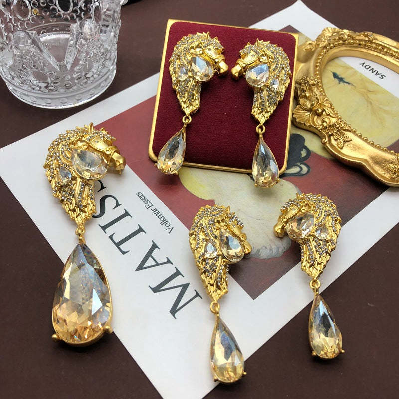 Irregular Retro Pendant White Pear Cut Diamond Luxury 18k Vermeil Gold Plated Earring Brooch Jewelry Set | Mix Mix Style-Mix MIx Style