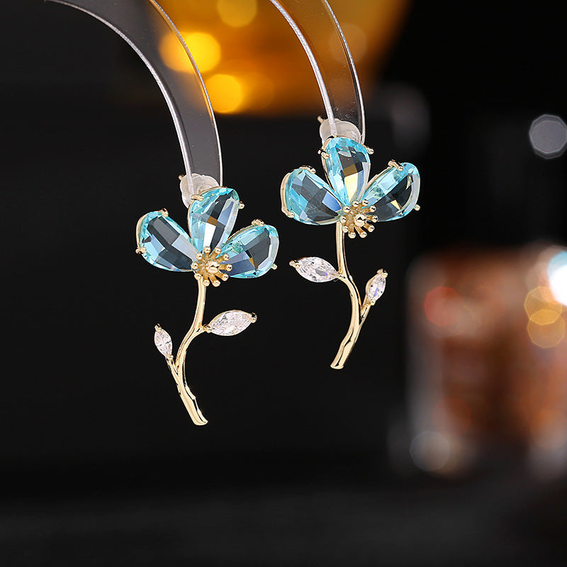 Korean version of s925 silver needle sweet temperament earrings female crystal zircon earrings trendy niche design beautiful flower earrings-Mix MIx Style