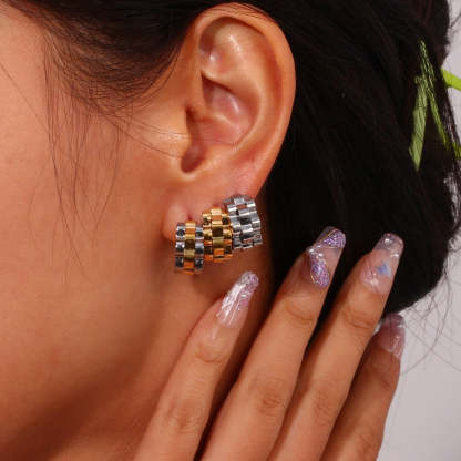 Geometric textued watch pattern 18k Vermeil/White Gold Plated Vintage Retro Hoop Earrings | Mix Mix Style-Mix MIx Style