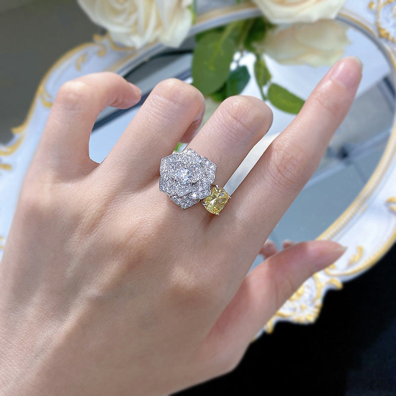Flower Yellow Cushion Cut Moissanite Diamonds 18k White Gold Plated Engagement Ring | Mix Mix Style-Mix MIx Style