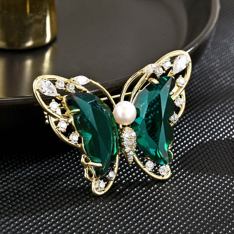 Green light luxury crystal jade wing butterfly brooch for women high-end luxury exquisite brooch design niche suit accessories-Mix MIx Style