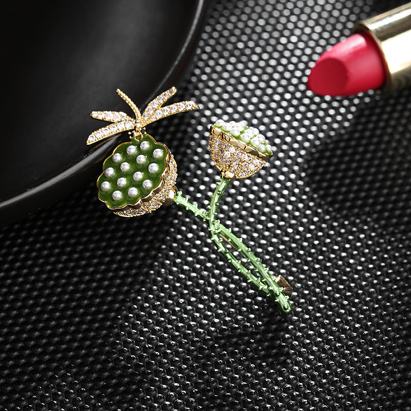 Chinese style enamel lotus brooch niche personality temperament dragonfly pearl corsage dress coat accessories pin-Mix MIx Style