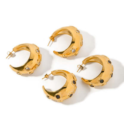 Moon Shaped Embellished White Moissanite Diamonds Luxury 18k Vermeil Gold Plated C-shaped Earrings | Mix Mix Style-Mix MIx Style