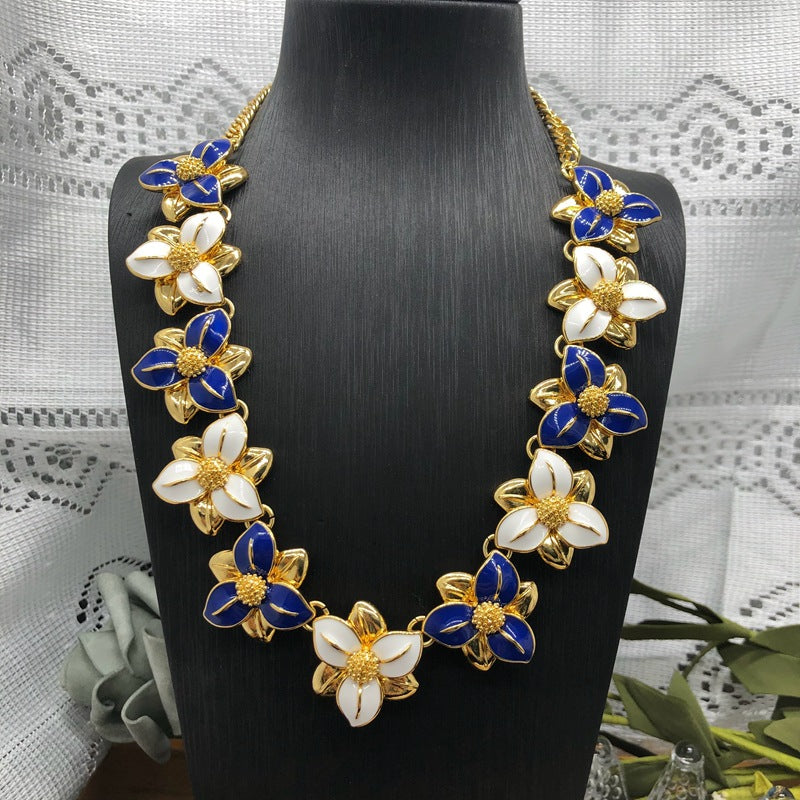 Blue Flowers Vintage Diamond Luxury 18k Vermeil Gold Plated Necklace Earrings Jewelry Set | Mix Mix Style-Mix MIx Style