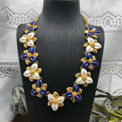 Blue Flowers Vintage Diamond Luxury 18k Vermeil Gold Plated Necklace Earrings Jewelry Set | Mix Mix Style-Mix MIx Style