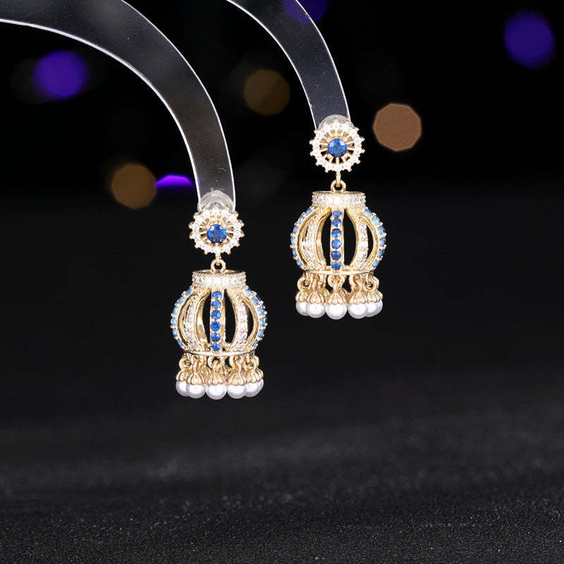 s925 silver needle niche high-end earrings small and exquisite creative design pearl tassel three-dimensional lantern earrings-Mix MIx Style