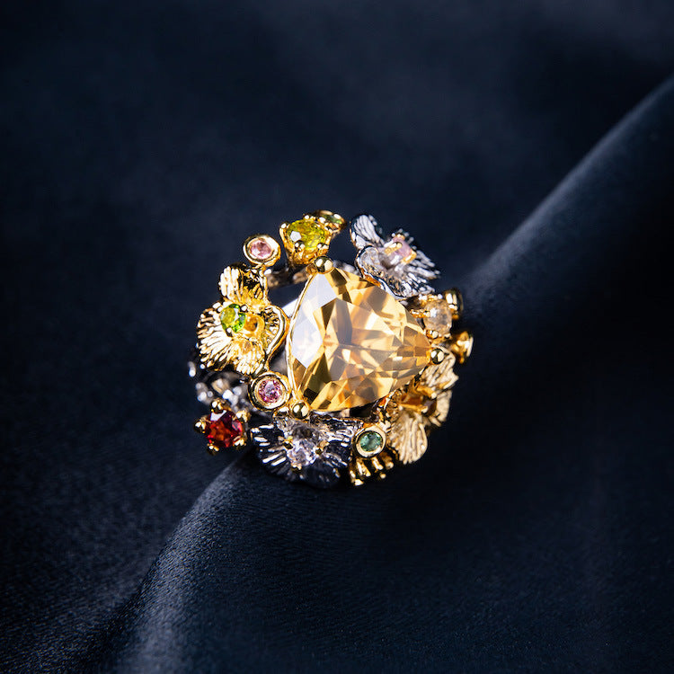 Imitation natural citrine colored gemstone ring Italian court jewelry craftsmanship brilliant high-end open ring-Mix MIx Style