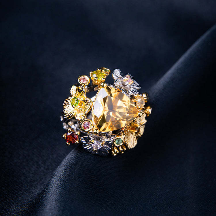 Imitation natural citrine colored gemstone ring Italian court jewelry craftsmanship brilliant high-end open ring-Mix MIx Style