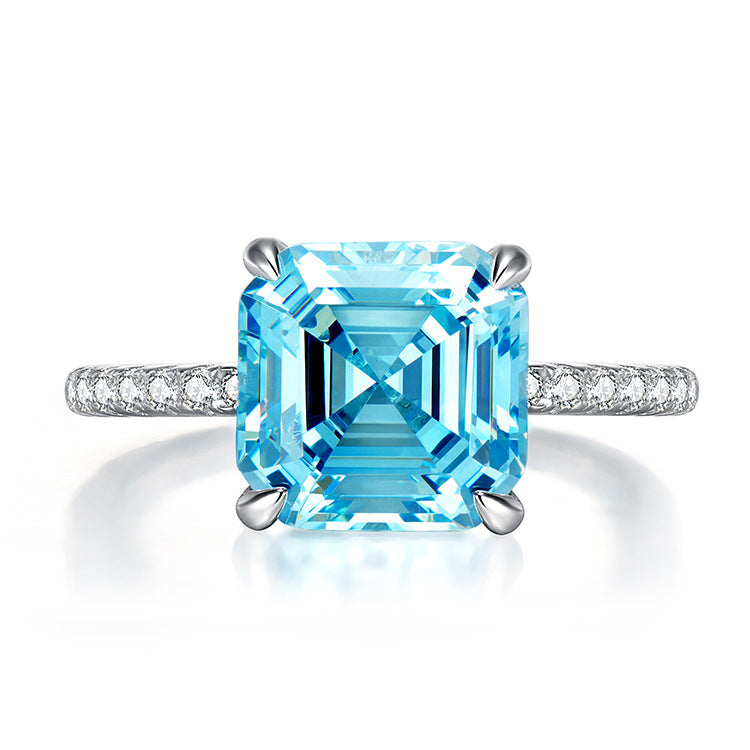 Dainty Ocean Blue Asscher Cut Moissanite Diamond 3ct 18k White Gold Plated Engagement Ring | Mix Mix Style-Mix MIx Style