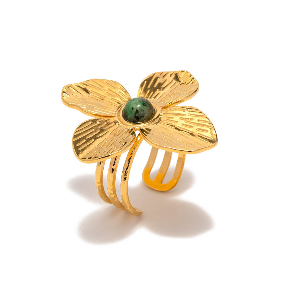 French court style dull four-petal exaggerated inlaid African turquoise open ring high-end design ring-Mix MIx Style