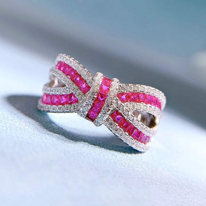 Bow Double Row Purple Cushion Cut Moissanite Diamonds 18k White Gold Engagement Ring | Mix Mix Style-Mix MIx Style