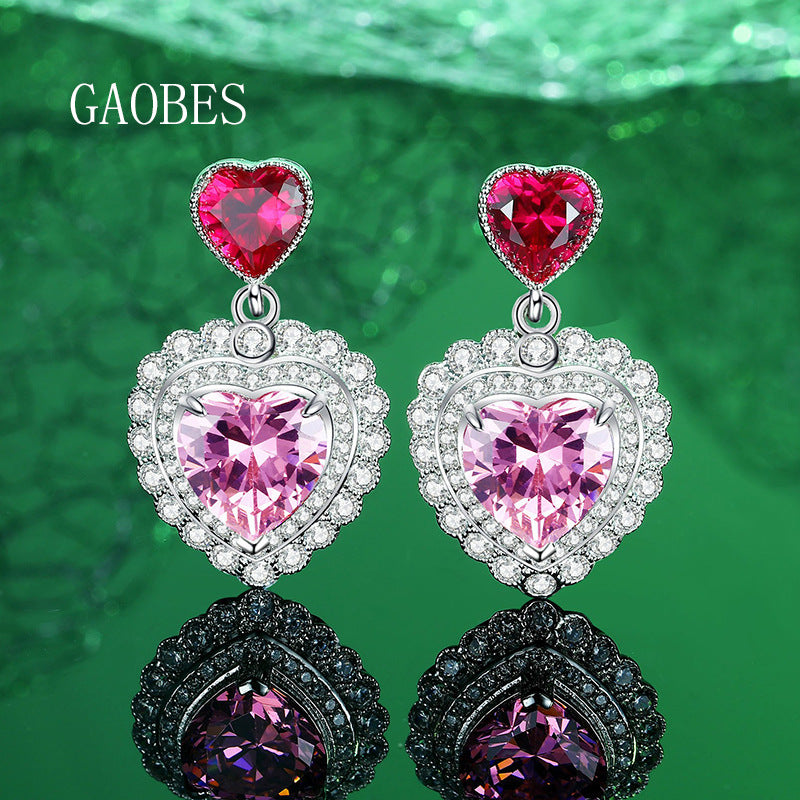 S925 sterling silver love cherry blossom pink gem earrings female heart-shaped earrings hot girl temperament high-end light luxury earrings-Mix MIx Style
