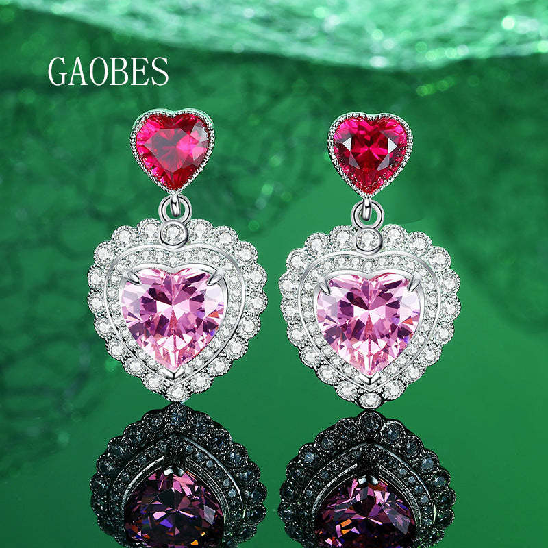 S925 sterling silver love cherry blossom pink gem earrings female heart-shaped earrings hot girl temperament high-end light luxury earrings-Mix MIx Style