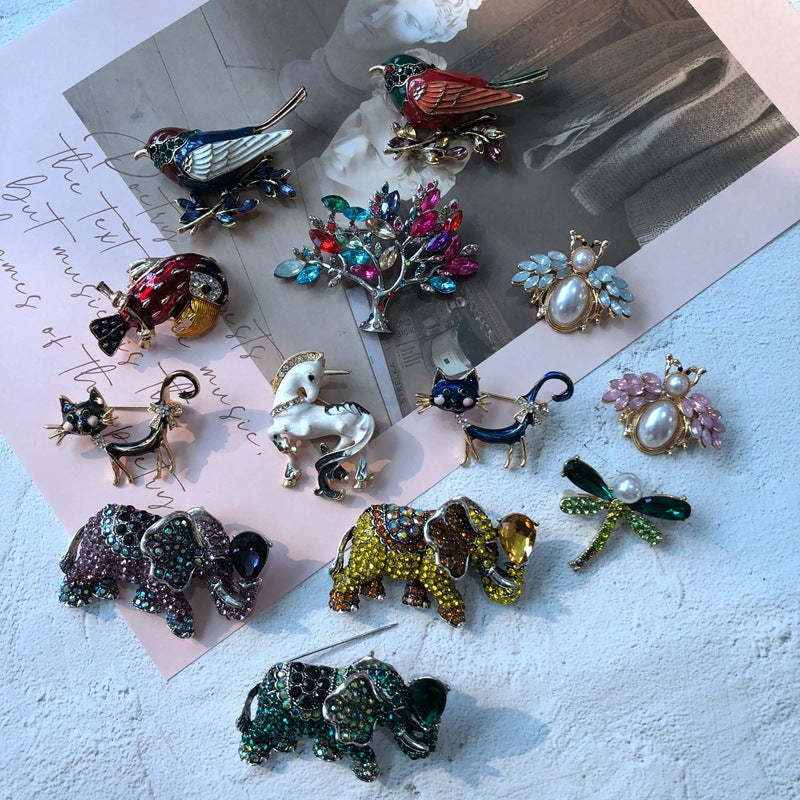Cute colorful  diamond pearl elegant  glaze pin brooch bird, cat, elephant, dragonfly | Mix Mix Style [Hot Seller]-Mix MIx Style