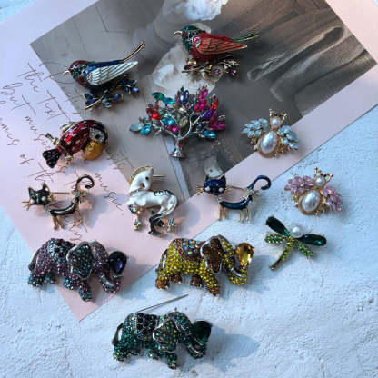 Cute colorful  diamond pearl elegant  glaze pin brooch bird, cat, elephant, dragonfly | Mix Mix Style [Hot Seller]-Mix MIx Style