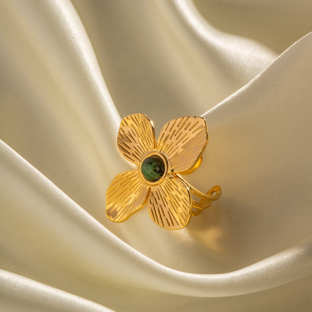 French court style dull four-petal exaggerated inlaid African turquoise open ring high-end design ring-Mix MIx Style