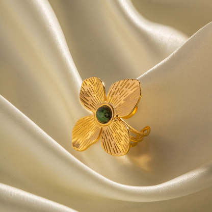 French court style dull four-petal exaggerated inlaid African turquoise open ring high-end design ring-Mix MIx Style