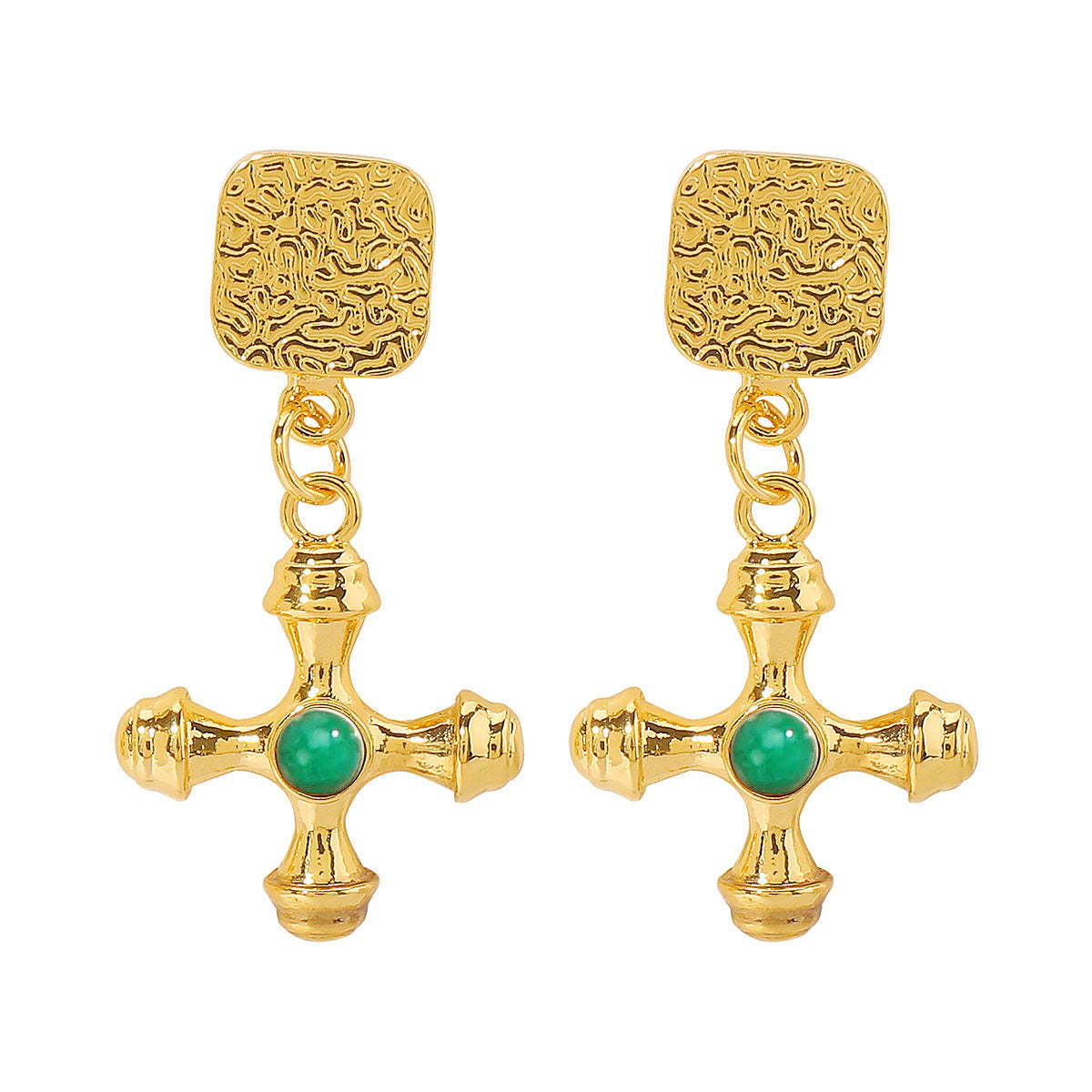 Cross Green Retro Pendant Round Cut Gemstone Elegant 18k Vermeil Gold Plated Necklace & Earrings Set Jewelry | Mix Mix Style-Mix MIx Style