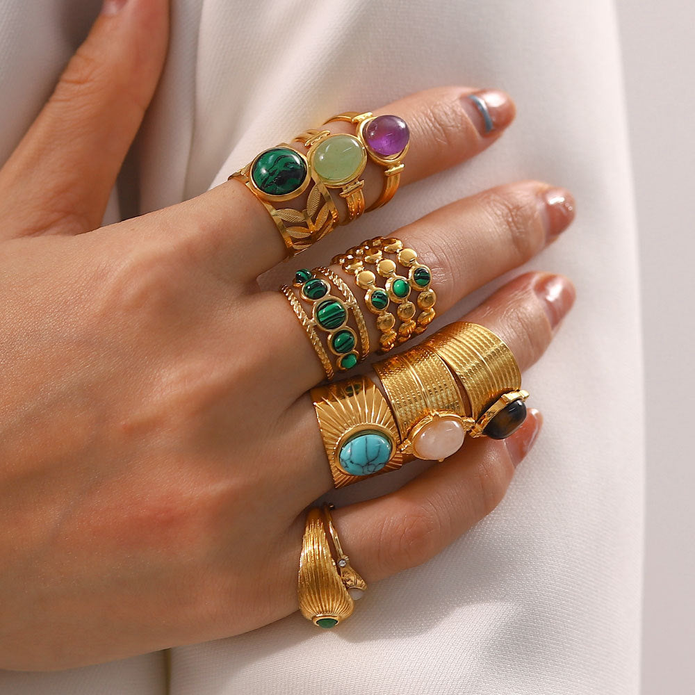 European and American retro stainless steel ring 18k gold plated ring inlaid with malachite jewelry wholesale-Mix MIx Style