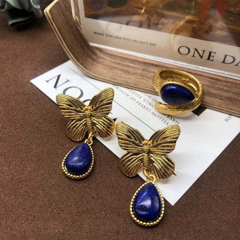 Butterfly Vintage Retro Pendant Blue Pear Cut Diamond Luxury 18k Gold Plated Earrings Ring Jewelry Set | Mix Mix Style-Mix MIx Style