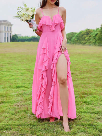 Pink Draped Ruffle Backless Double Slit Casual Birthday Valentine Maxi Dress | Mix Mix Style