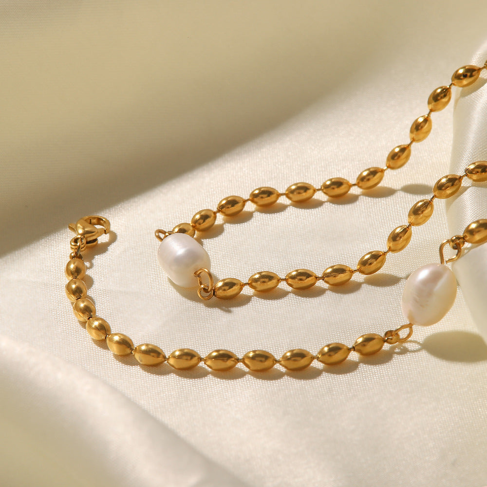 Minimalist Vintage Golden Beads Akoya Pearl Pendant Luxury 18k Gold Plated Necklace Bracelet Jewelry Set | Mix Mix Style-Mix MIx Style