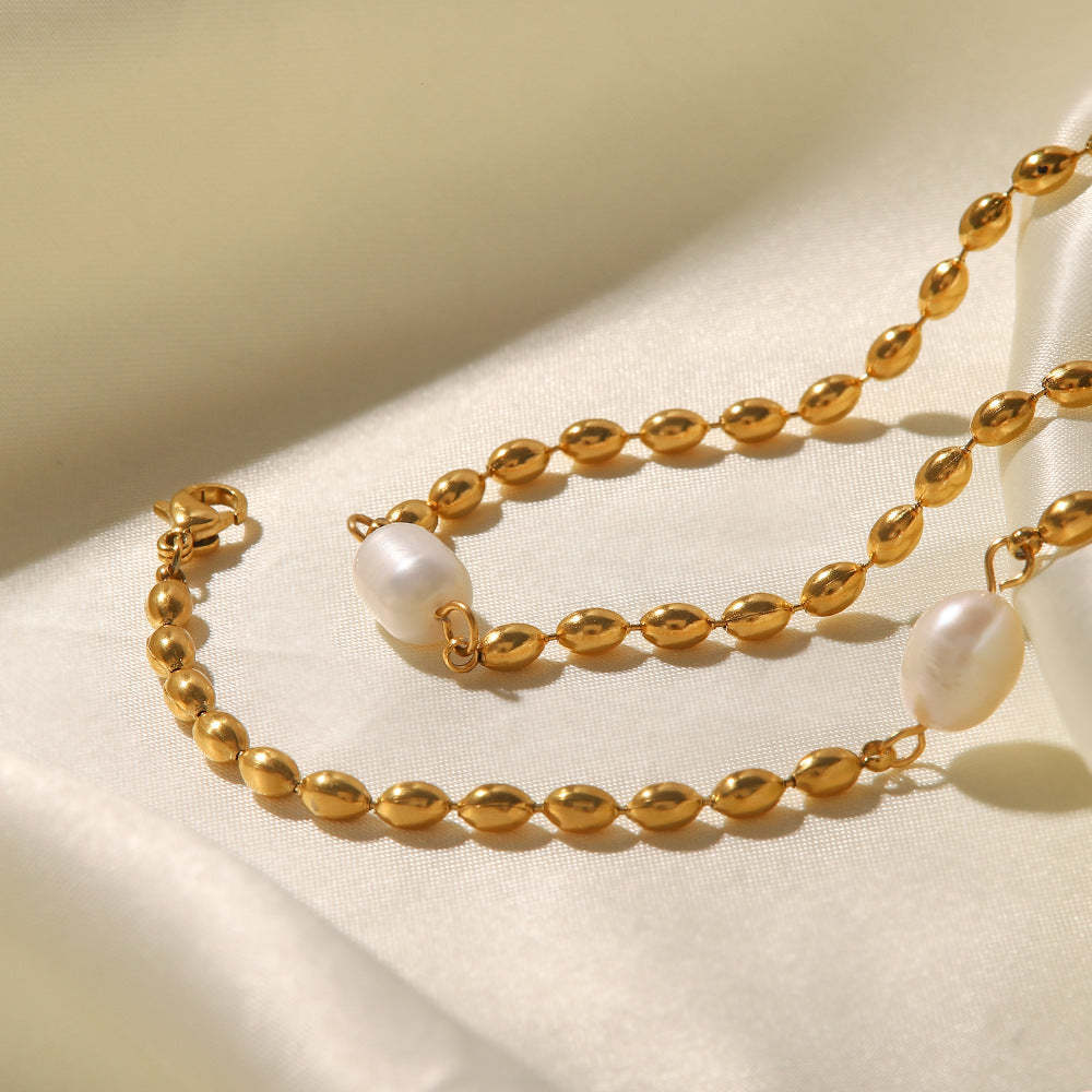 Minimalist Vintage Golden Beads Akoya Pearl Pendant Luxury 18k Gold Plated Necklace Bracelet Jewelry Set | Mix Mix Style-Mix MIx Style
