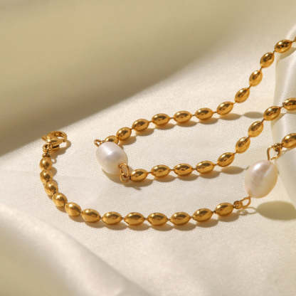 Minimalist Vintage Golden Beads Akoya Pearl Pendant Luxury 18k Gold Plated Necklace Bracelet Jewelry Set | Mix Mix Style-Mix MIx Style