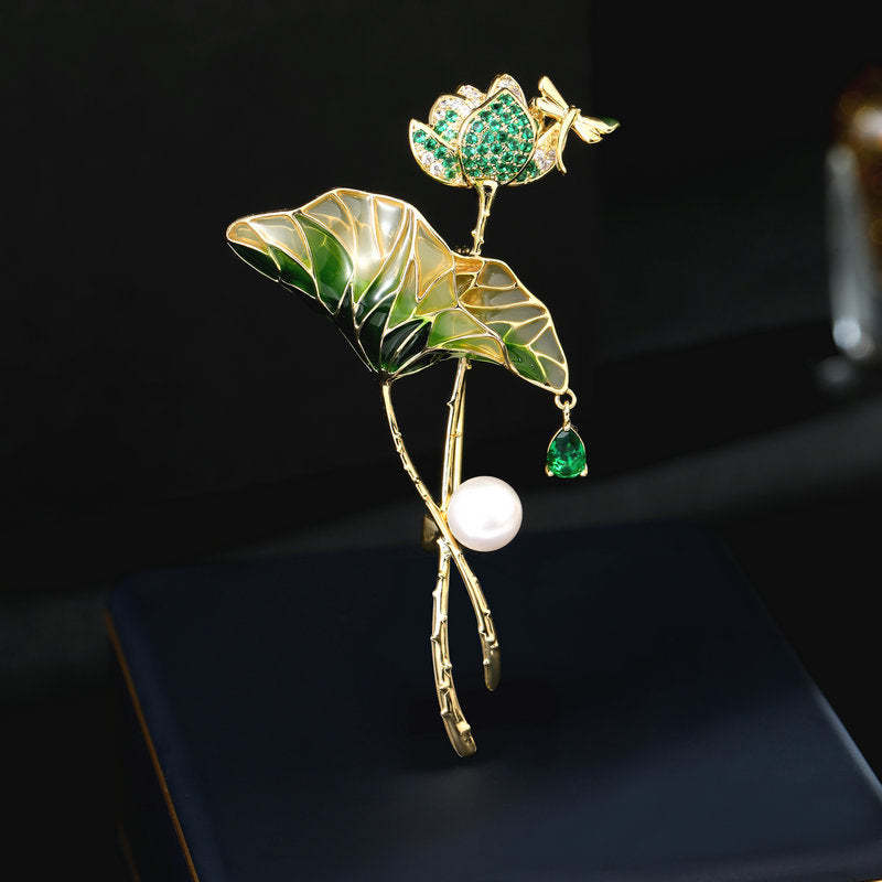 Retro Chinese style cheongsam Hanfu dress accessories corsage oil drop freshwater pearl zircon inlaid lotus leaf brooch-Mix MIx Style